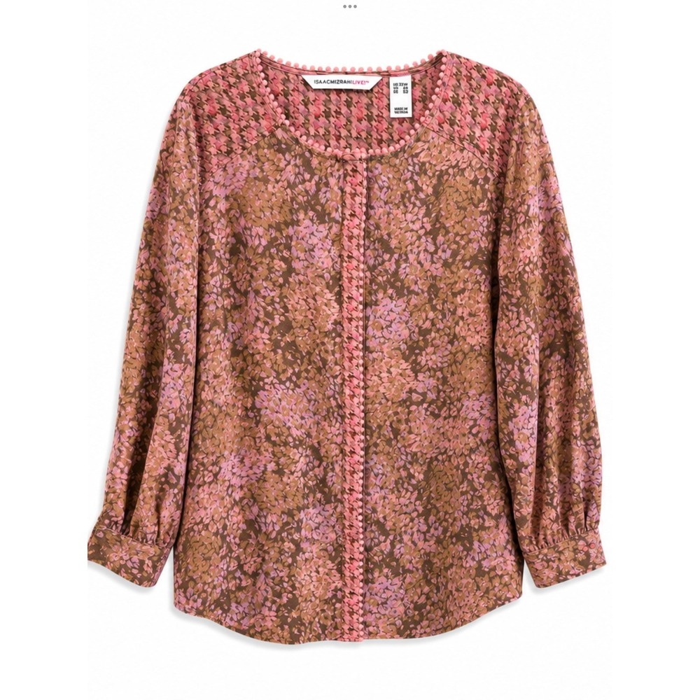 Isaac Mizrahi Live Pink Floral Pom Pom Trim Blouse Plus 22W Cottagecore Boho